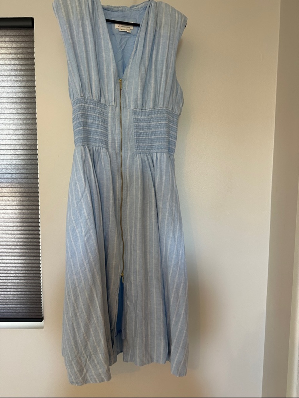Anthropologie Light Blue Striped Midi Dress with Smocked Waist - Picture 2 of 5